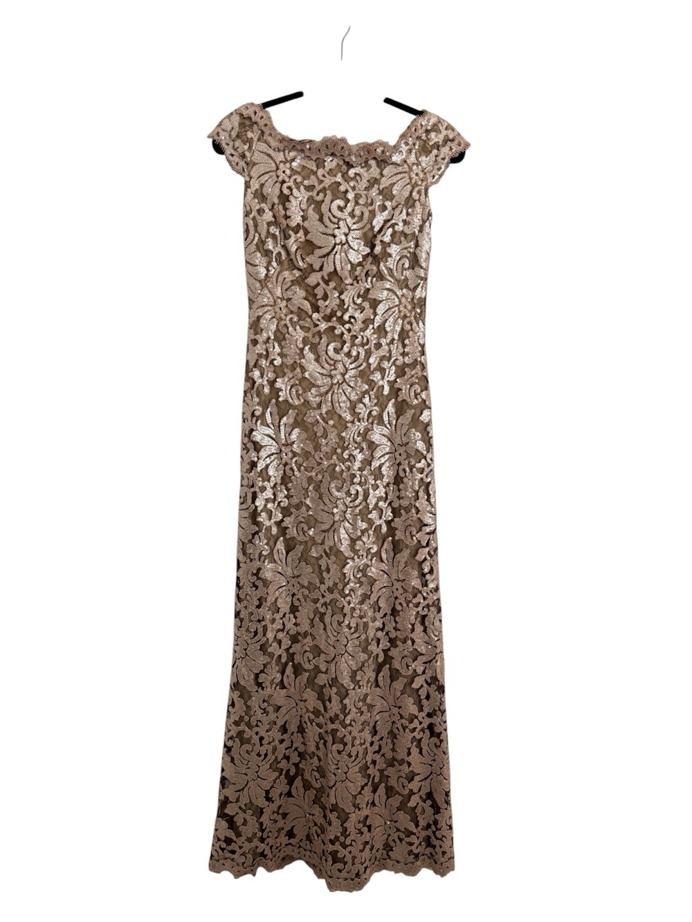 Tadashi Shoji Taupe Lace Off-Shoulder Maxi Dress